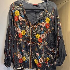 Johnny Was Dark Gray Floral Embroidered Blouse